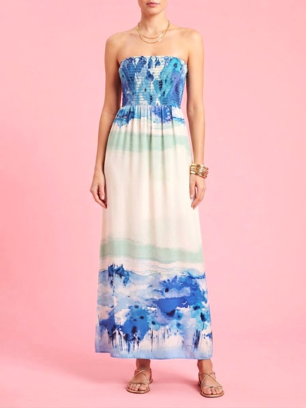 Blue & Green Water Colour Print Strapless Maxi Dress
